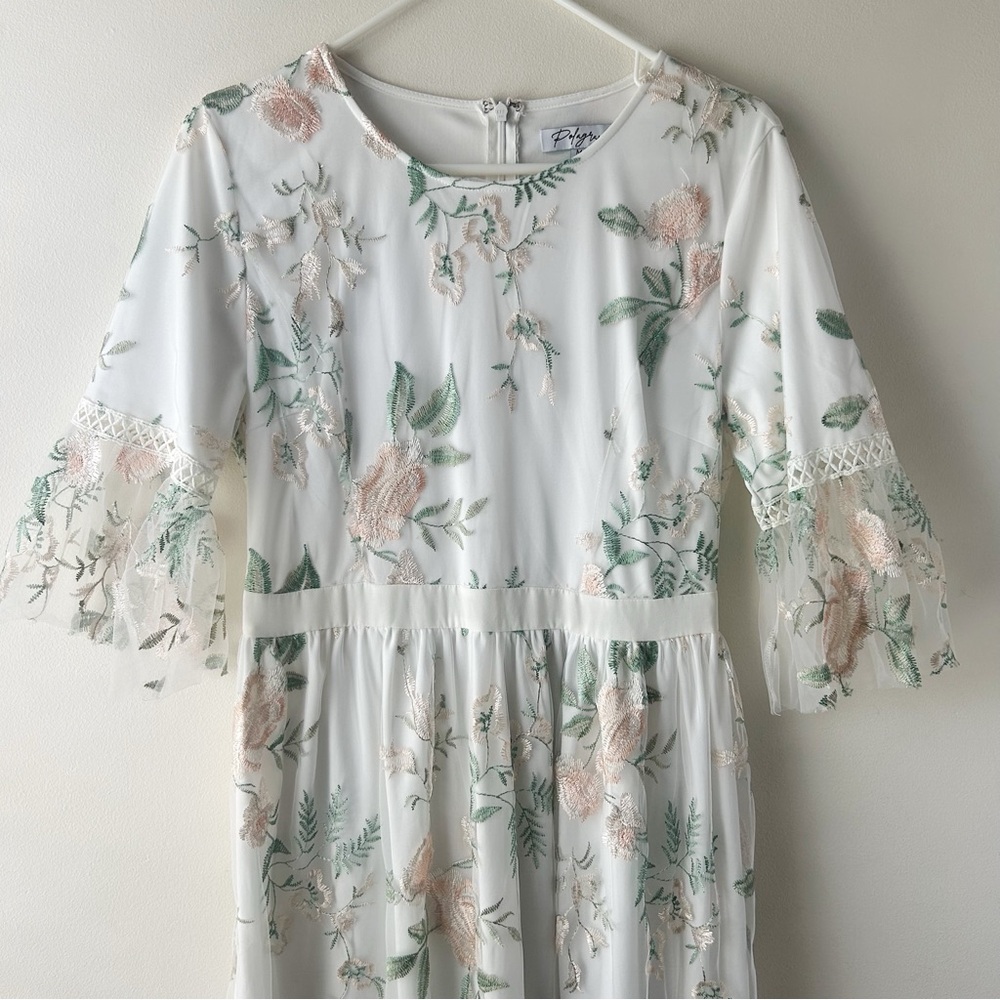 Polagram Floral Appliqué Tulle Midi Dress White Green Pink M - Picture 2 of 12